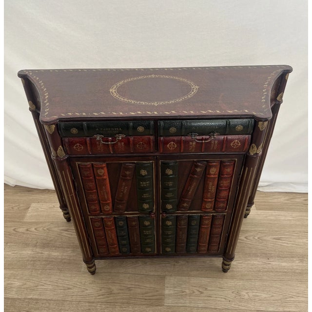 Brown Vintage Bookcase Theme Console Cabinet Two Drawers, Double Door Storage Demilune For Sale - Image 8 of 12