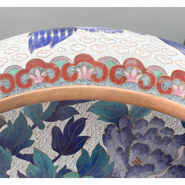 Large Cloisonné Floral Bowl With Peony Motif on Carved Wood Stand — Chinoiserie / Asian Traditional For Sale - Image 9 of 18
