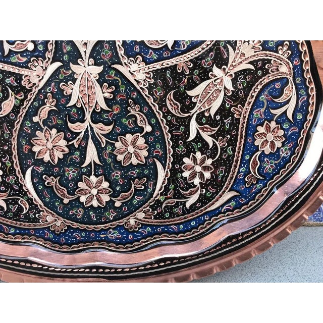 Hand Carved Floral Oval Copper Service Tray with Handles For Sale - Image 4 of 11