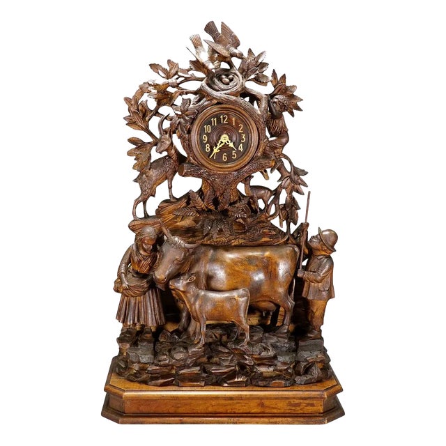 Antique Mantel Clock with Herdsman Family, Goats and Cows For Sale
