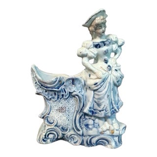 Antique Victorian Rococo Porcelain Blue & White Figural Lady Spill Vase/Planter For Sale