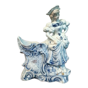Antique Victorian Rococo Porcelain Blue & White Figural Lady Spill Vase/Planter