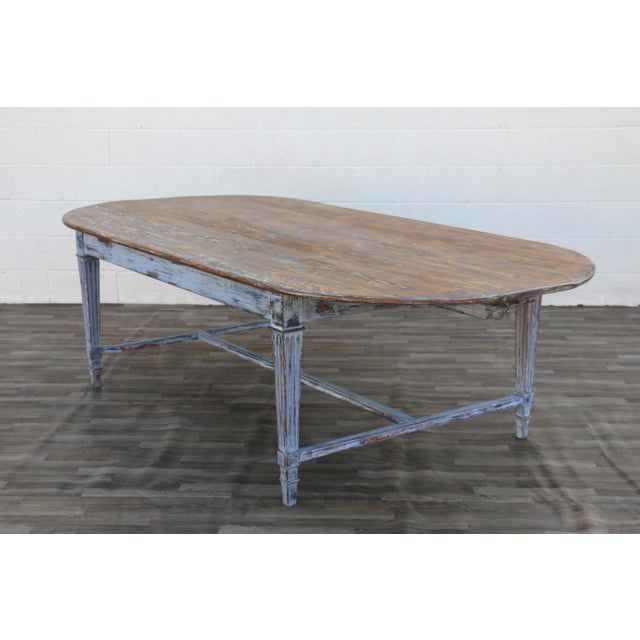 Wood Antique 1920s French Provincial Large Oval Pine Dining Table With Distressed Painted Base For Sale - Image 7 of 18