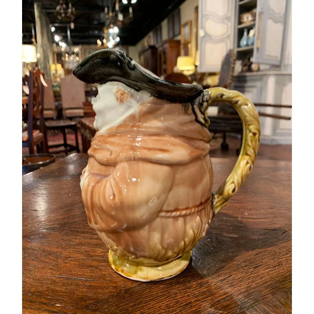 19th Century Belgium Painted Ceramic Barbotine Monk Pitcher From Onnaing For Sale In Dallas - Image 6 of 11