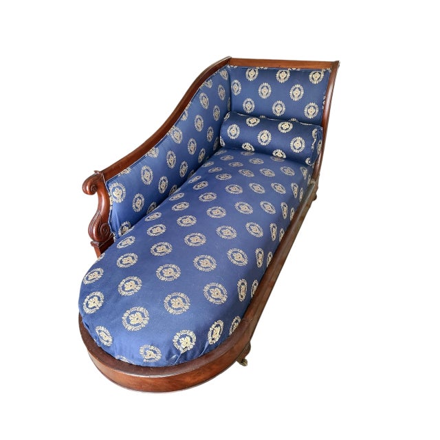 Early 19th Century English Regency "Méridienne" Polished Mahogany Reupholstered in Blue & Gold Damask For Sale - Image 9 of 11