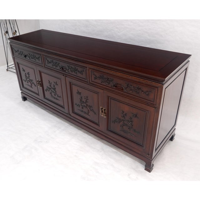 Wood Asian Mid Century Modern Carved 4 Doors 3 Drawers Credenza Dark Solid Teak MINT For Sale - Image 7 of 16