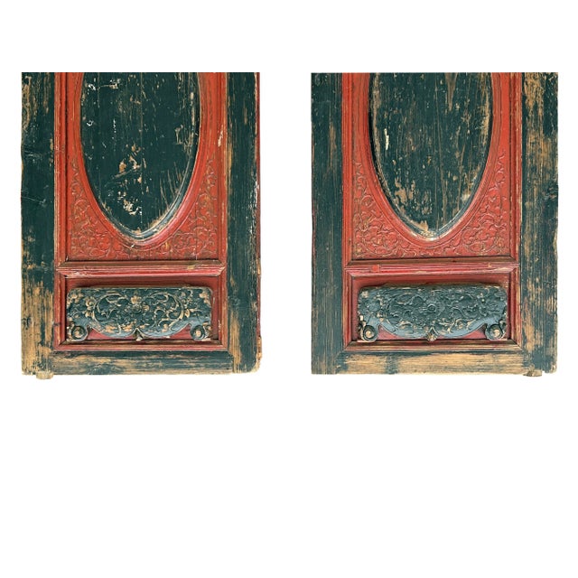 Brick Red Pair Vintage Chinese Red Black Fujian Style Carving Wood Wall Door Panels For Sale - Image 8 of 11