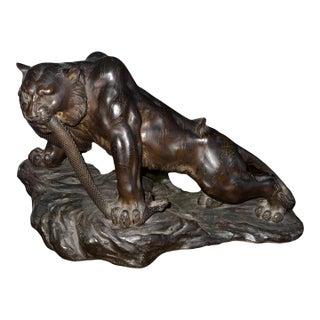Genryusai Seiya Bronze Tiger and Snake Sculpture, Meiji Period, Japan, Late 19th For Sale