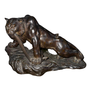 Genryusai Seiya Bronze Tiger and Snake Sculpture, Meiji Period, Japan, Late 19th