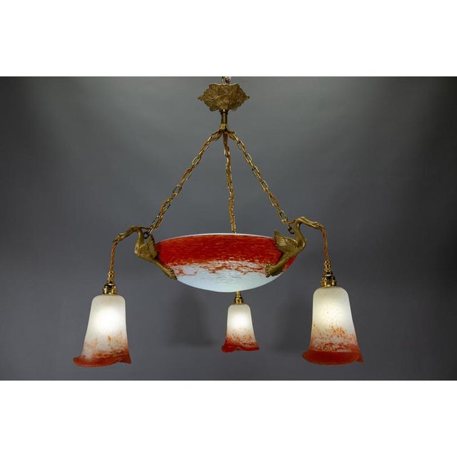 Traditional Empire French Red and White Glass and Bronze Chandelier, 1925 For Sale - Image 3 of 18