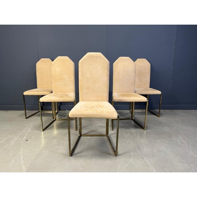 Set of six elegant high back dining room chairs manufactured by Belgochrom. The chairs consist of fine brass frames...