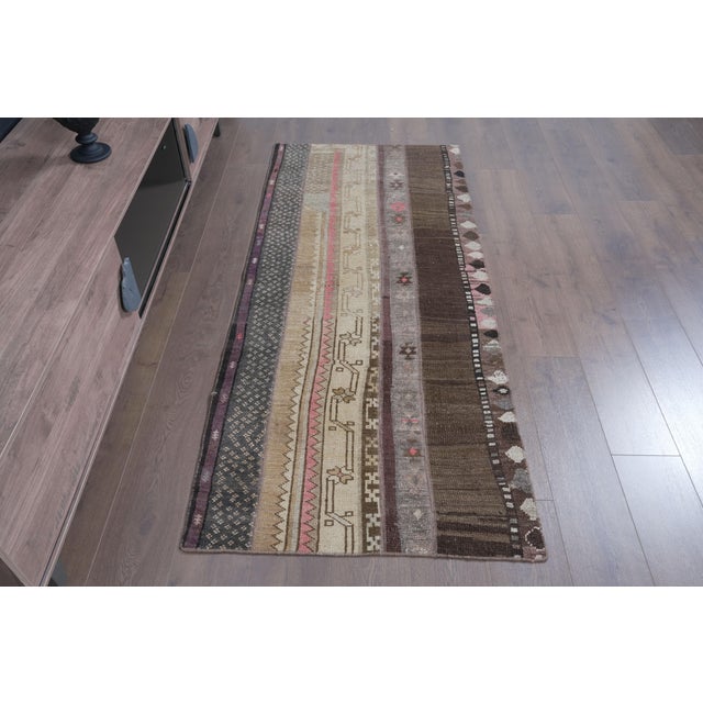 Yellow Vintage Patchwork Kilim Runner, Handwoven Anatolian Wool Rug, Muted Earth Tone Hallway Runner, Rustic Boho Entryway Rug For Sale - Image 8 of 11
