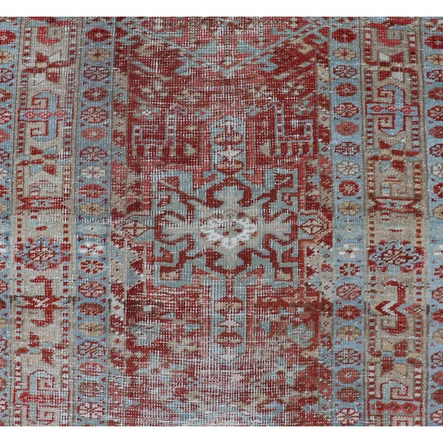 Antique Persian Heriz Runner With Geometric Design in Soft Red and Sky Blue 2'10 X 10'1 For Sale In Atlanta - Image 6 of 13