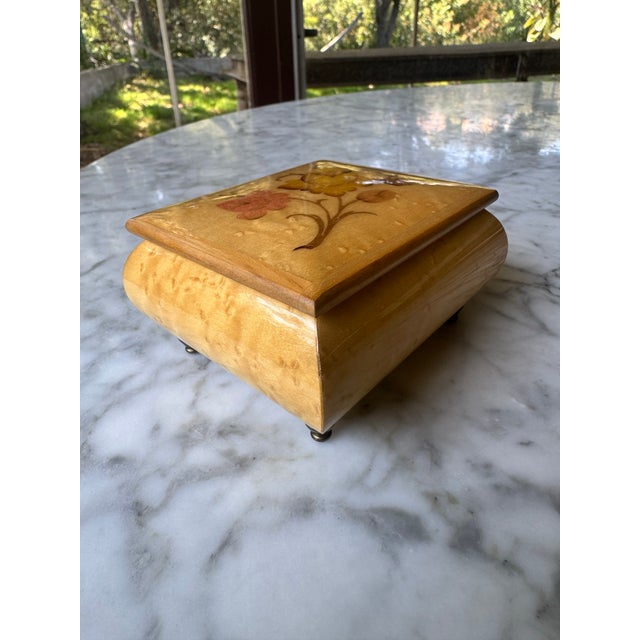 Wood Midcentury Italian Burl Wood & Brass Music Box With Floral Design For Sale - Image 7 of 12