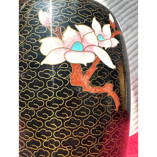 Black Vintage Chinese Black Cloisonné Enamel Peony & Butterfly Vase, 8" For Sale - Image 8 of 13