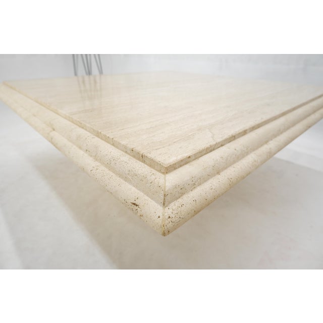 Off-white Large 42" Square Single Pedestal Base Italian Mid Century Travertine Table For Sale - Image 8 of 8