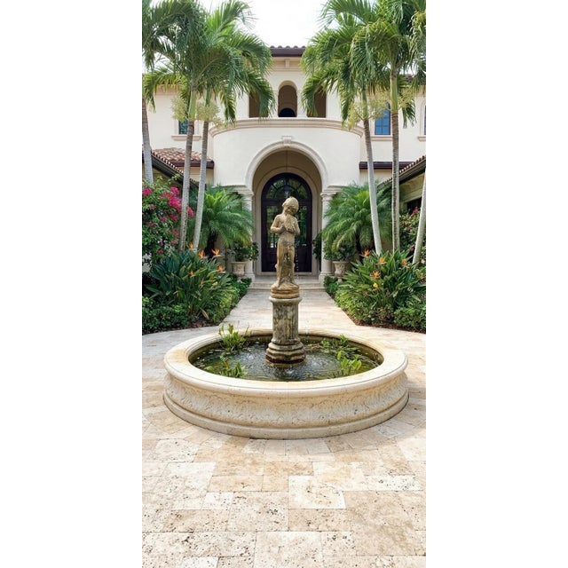 Vintage Cast Stone Centerpiece Fountain Featuring a Pan Flute Playing Putto on a Column For Sale - Image 10 of 12