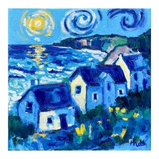 Sunlight Over the Coastal Cottages, Original Oil Painting Seascape For Sale