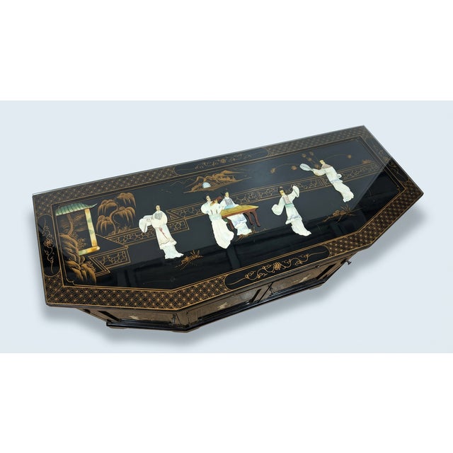 Mid 20th Century Vintage Chinoiserie Black Lacquer Mother-of-Pearl Four-Door Sideboard For Sale - Image 5 of 12
