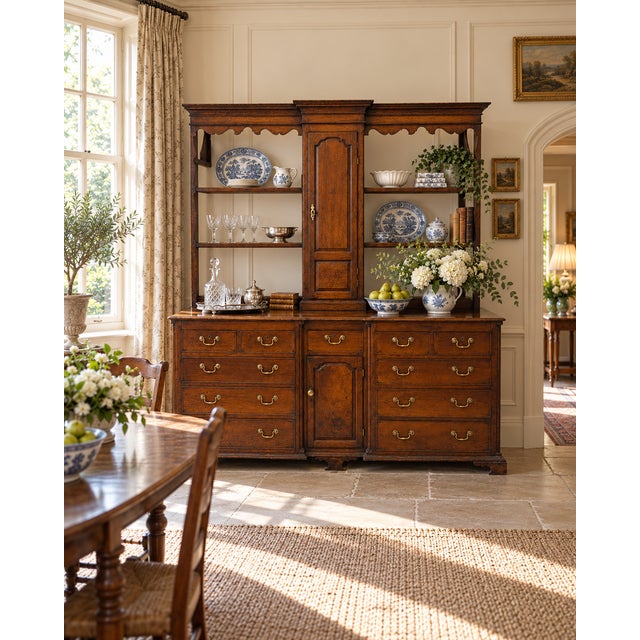 An outstanding quality antique Georgian Lancashire oak dresser and rack dating to the George III period, circa 1780. This...