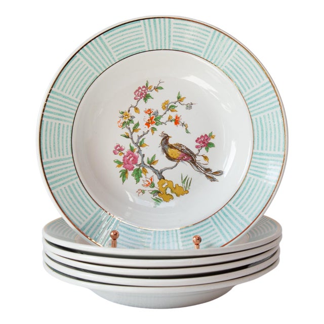 French Earthenware Deep Plates with Bird of Paradise Decor from Digoin Sarreguemines, 1960s, Set of 12 For Sale