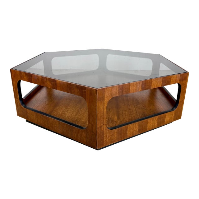 1970’s Mid Century Modern Lane Furniture Hexagonal Coffee Table, Smoked Glass Top For Sale