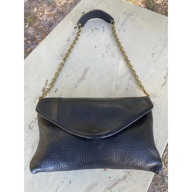 Pebbled Black Leather & Brass Chain Purse For Sale - Image 9 of 11