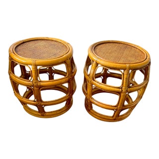 Vintage Post Modern Bent Bamboo & Rattan Side Tables or Stools – A Pair For Sale