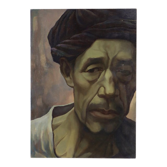 Vintage Oil Painting Portrait of Man in Shadows Wearing a Turban For Sale