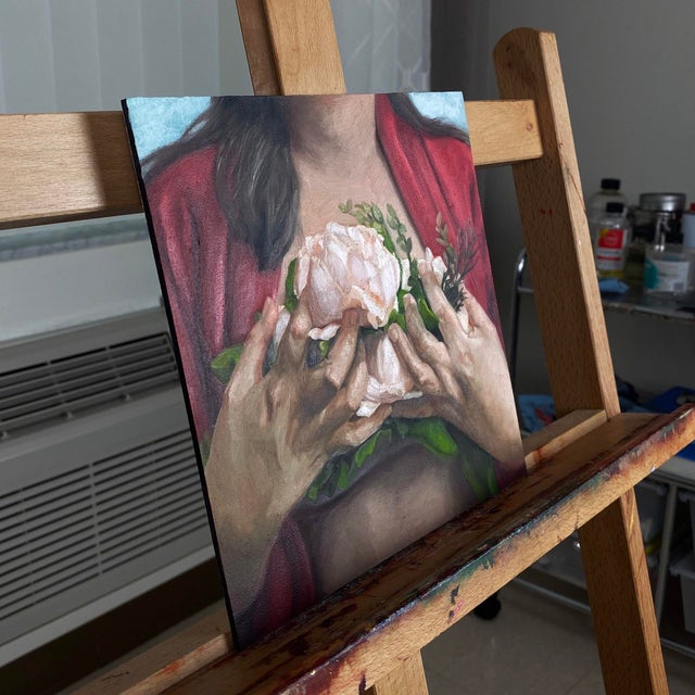 Sacred Heart by Aixa Oliveras | Oil on Artefex panel Woman holding peonies in her hands. For Sale - Image 4 of 5