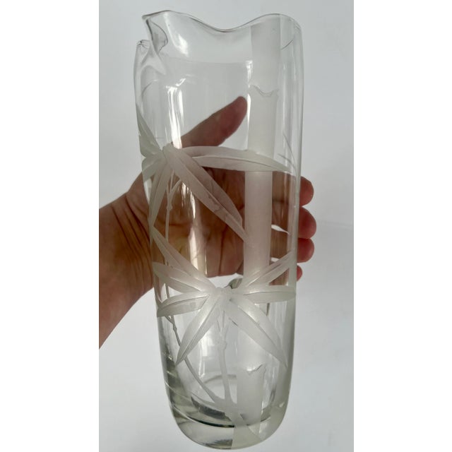 Vintage Clear Glass Pitcher With Etched Bamboo Leaves For Sale - Image 4 of 13