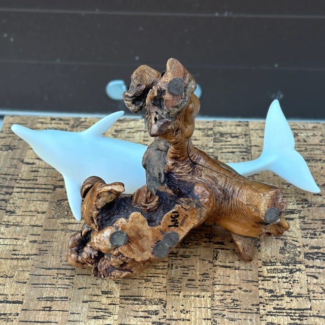 White Vintage John Perry Dolphin Sculpture on Burled Teak Root Base For Sale - Image 8 of 10