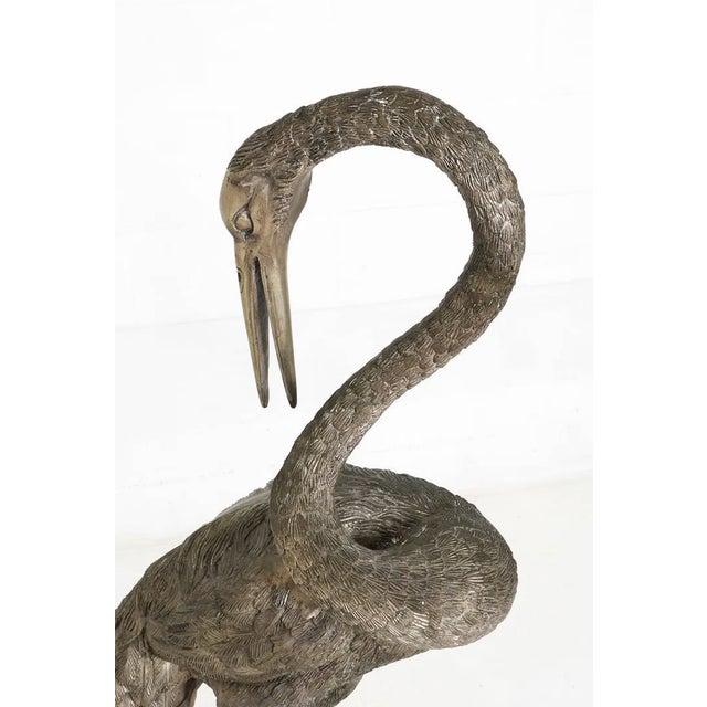 Monumental Pair of Silvered Crane Sculptures on Wooden Plinth Bases | 20th Century For Sale - Image 10 of 13