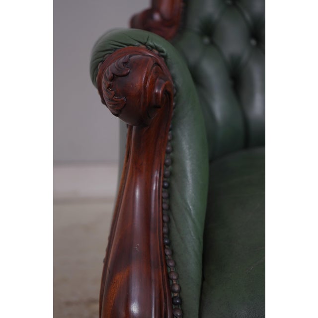 Carved Mahogany Frame Green Leather Office Desk Chair For Sale - Image 13 of 18