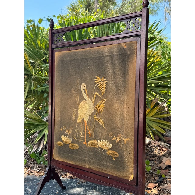 Chinese Antique Chinese-Style Embroidered Crane Fireplace Screen For Sale - Image 3 of 4