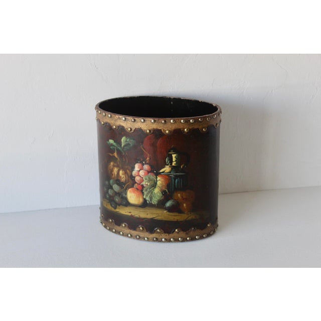 English Style Arts & Craft Tole Hand Painted Fruit Still Life Oval Wastebasket Nailhead Detail Vintage Mid-Century For Sale - Image 11 of 13