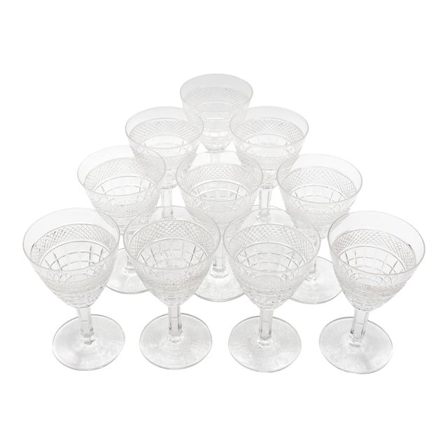 Circa 1930s Set of 10 Italian Blown Cut Glass White Wine Glasses For Sale