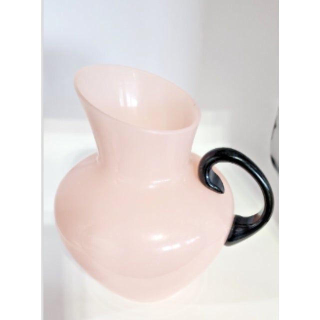 Antique Pink French Opaline Glass Pitcher, Applied Black Glass Handle For Sale - Image 6 of 11
