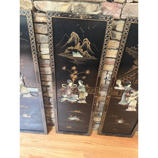 Vintage Chinese Black Lacquer 4-Panel Folding Screen Room Divider - Soapstone & Mother-of-Pearl Inlay For Sale - Image 4 of 18