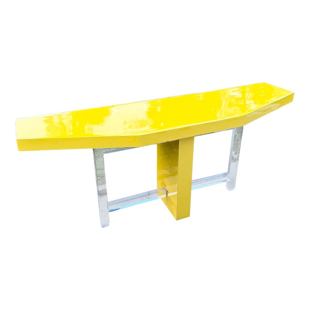 Postmodern Yellow Lacquer Laminate and Lucite Console Table For Sale