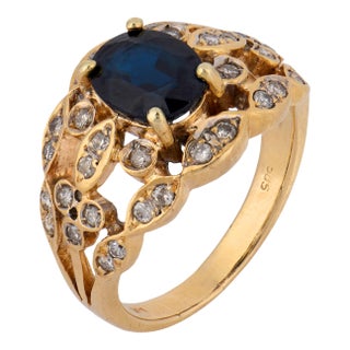 Vintage 1.70 Carat Sapphire Diamond 14k Yellow Gold Ring, Size 5.25 For Sale