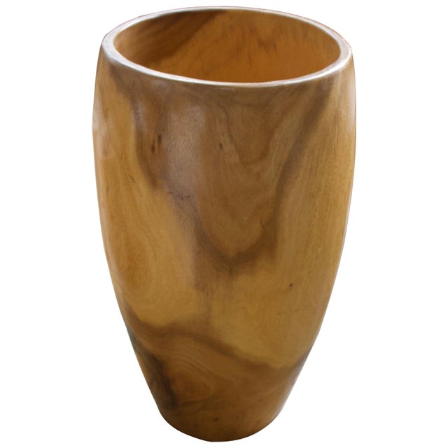 Hollowed out drum container in natural palm wood. Great as a sculptural art piece or umbrella holder. Measures: 28" high x...