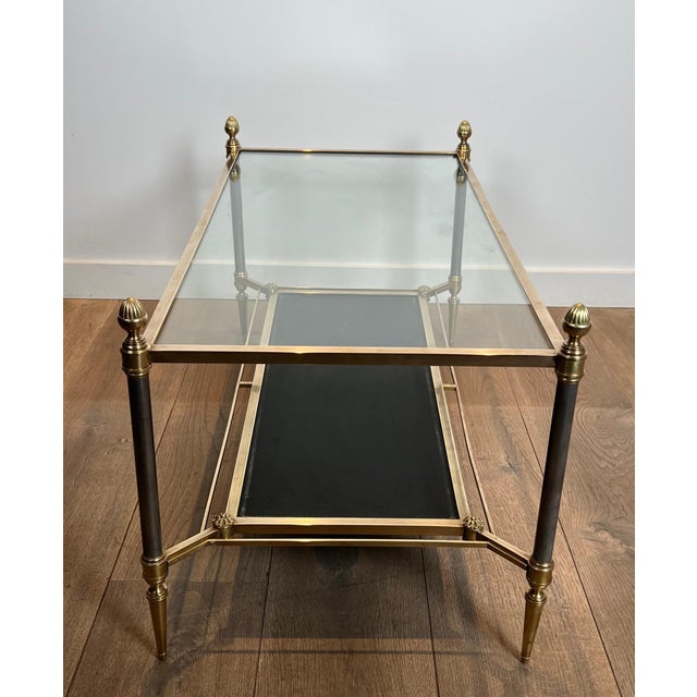 Metal 1940s Brass coffee table with black leather and glass shelves Attributed to Maison Jansen For Sale - Image 7 of 12
