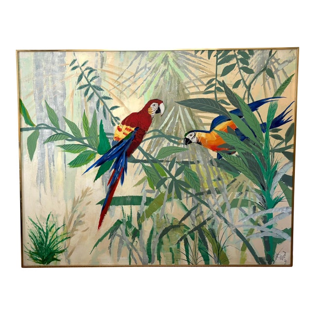 1960s Lee Reynolds Studio Painting of Two Macaw Birds in a Tropical Setting For Sale