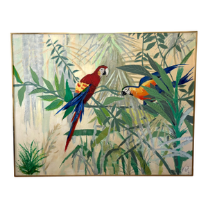 1960s Lee Reynolds Studio Painting of Two Macaw Birds in a Tropical Setting
