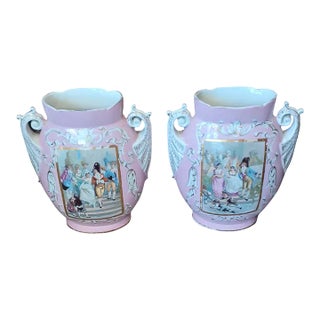 Vinatge Pair of Porcelain French Wedding Scene Urn Vases- Set of 2 For Sale