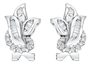 Baguette Diamond Leaf Shaped Lever Back Earrings, 2 Pieces