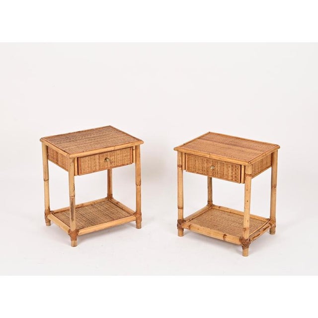 French Riviera Nightstands in Bamboo, Rattan and Brass, Italy, 1970s, Set of 2 For Sale - Image 3 of 14