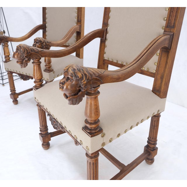 Pair Antique Heavily Carved Walnut Cherub North Wind Faces Arm Chairs New Uphols For Sale - Image 17 of 18
