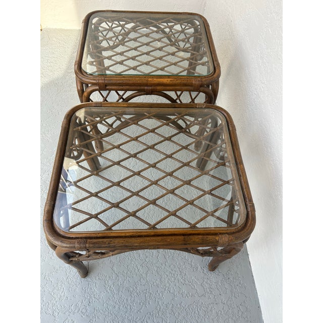 Brown 1980s Vintage Rattan and Glass Side Table a Pair For Sale - Image 8 of 9
